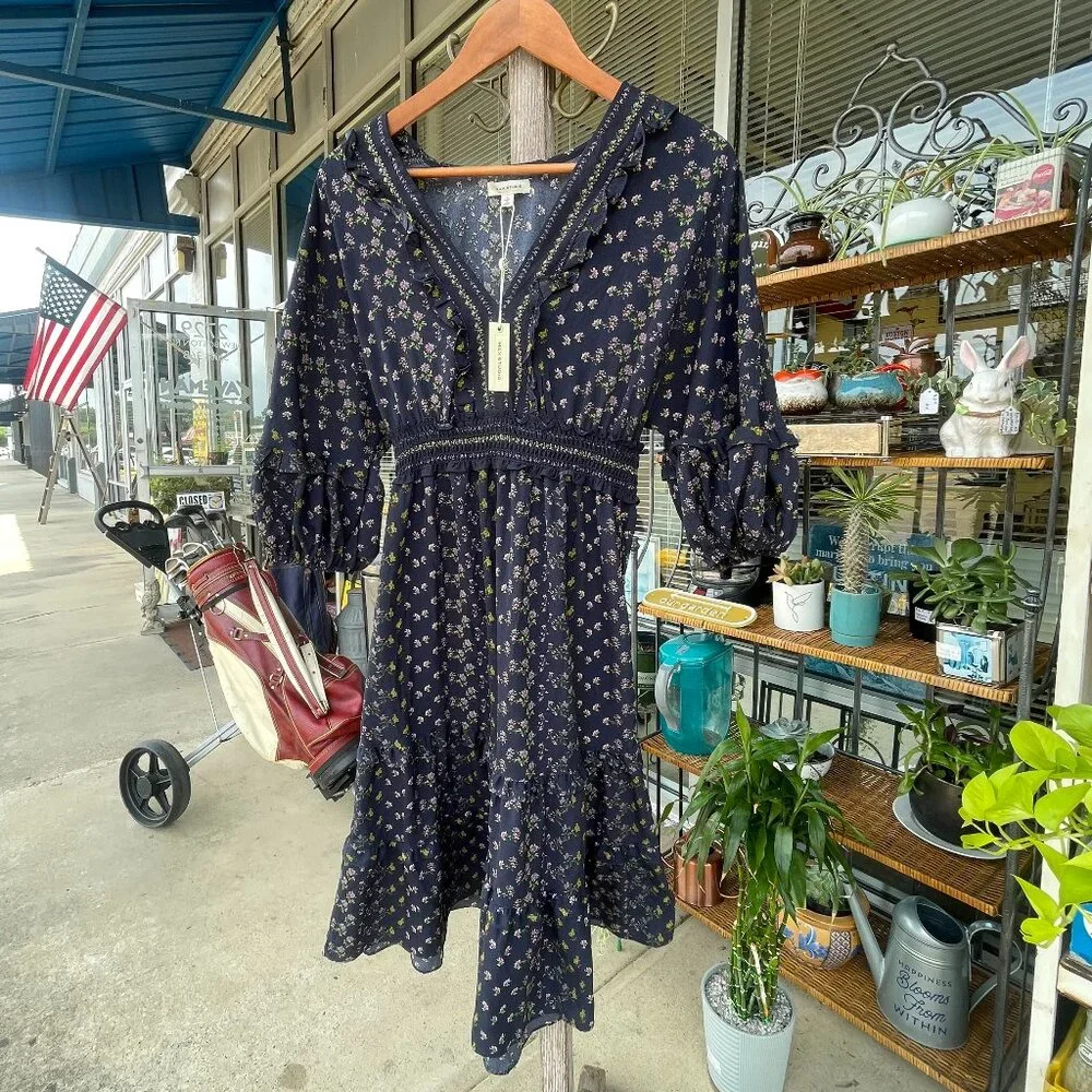 NWT Women's Large MAX STUDIO Navy Floral V-neck Empire Waist Tiered Midi Dress - Picture 4 of 16